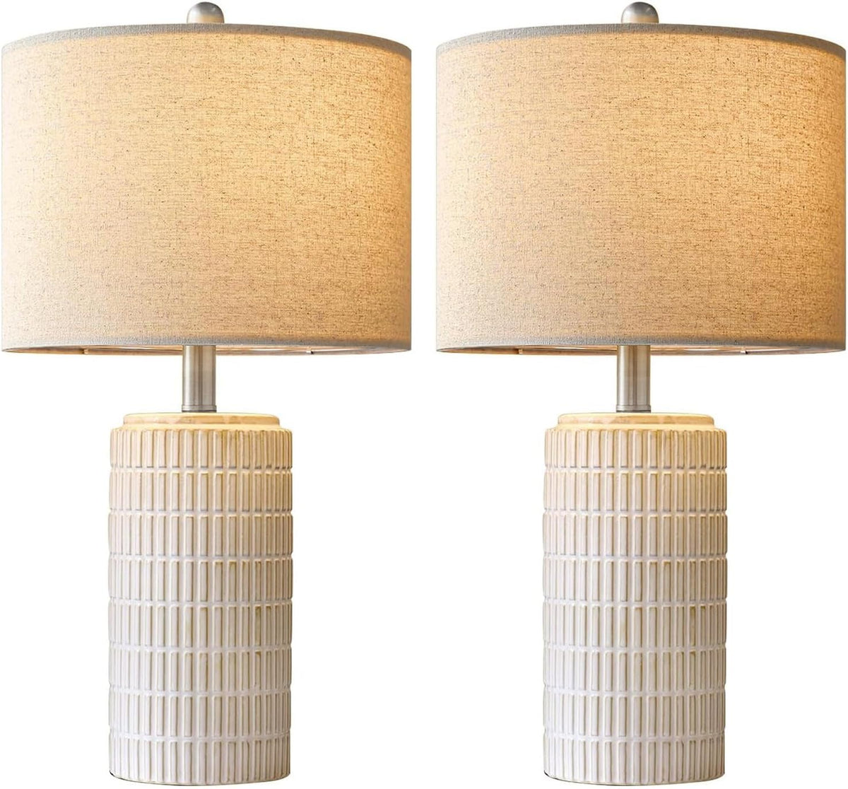 Pokat Set of 2 Modern 24" Ceramic Table Lamps for Bedroom and Living Room, White and Beige Nightstand Lighting Decor