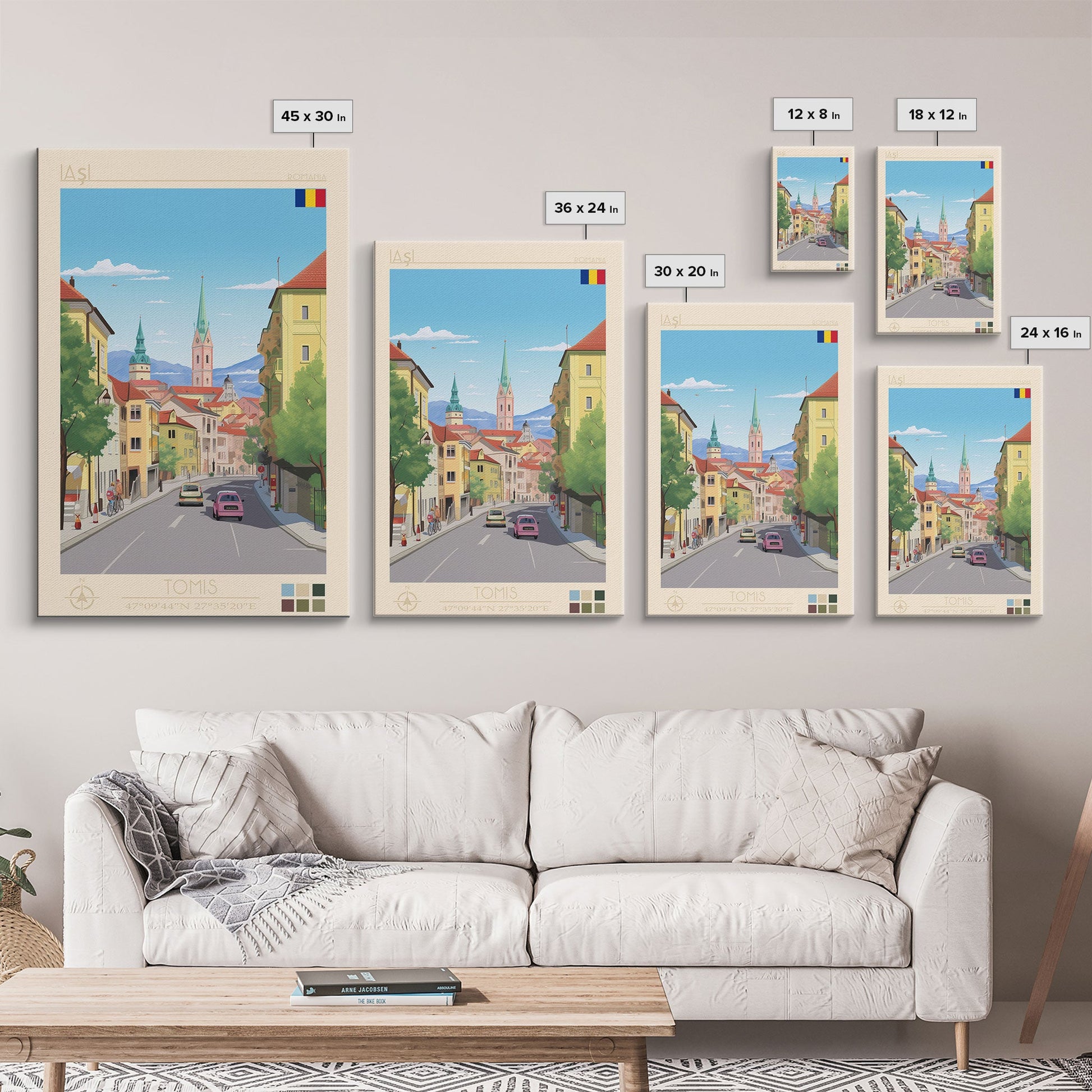 Framed canvas print of Iași Romania travel poster featuring midcentury modern and pop art styles, perfect for living room or office decor.