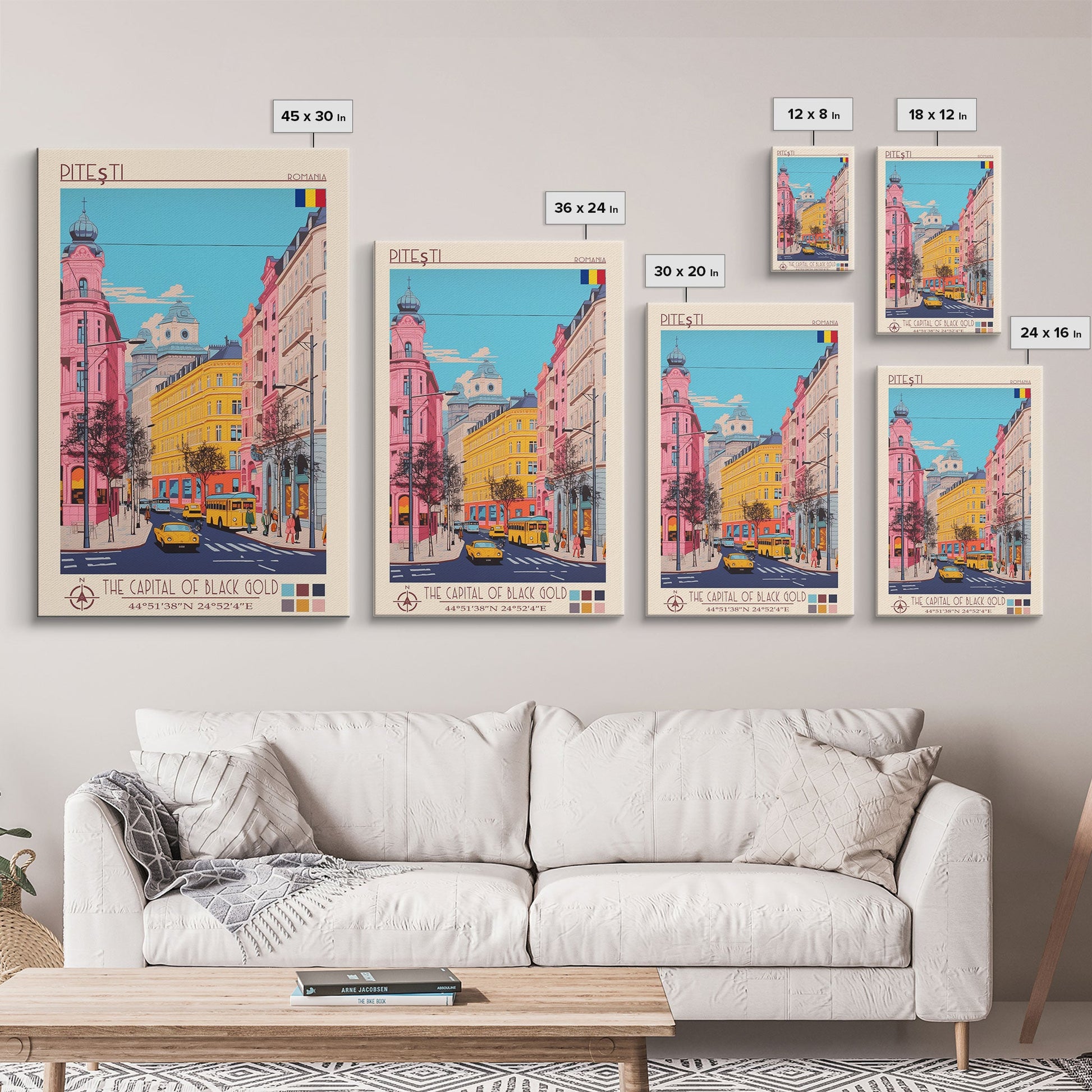 Framed Pitești Romania travel poster canvas print featuring midcentury modern and pop art wall decor for home or bedroom.