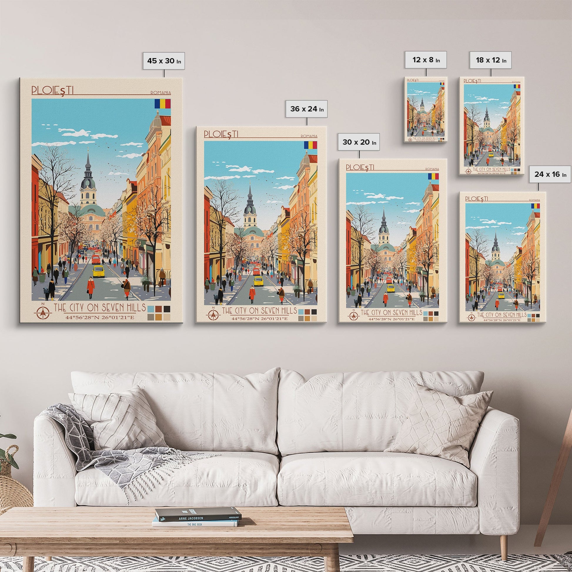 Framed Ploiești Romania travel poster canvas print featuring midcentury modern and pop art style for wall decor.