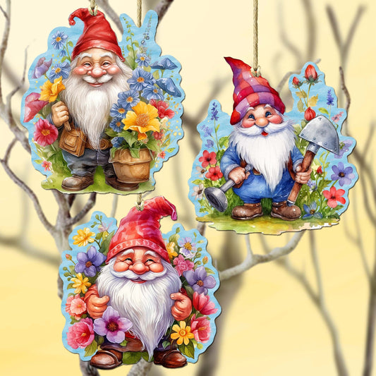 Garden Gnomes Decorative Eco Wood Ornaments Set of 3 by G. Debrekht - Spring Easter Decor - 8091030-S3