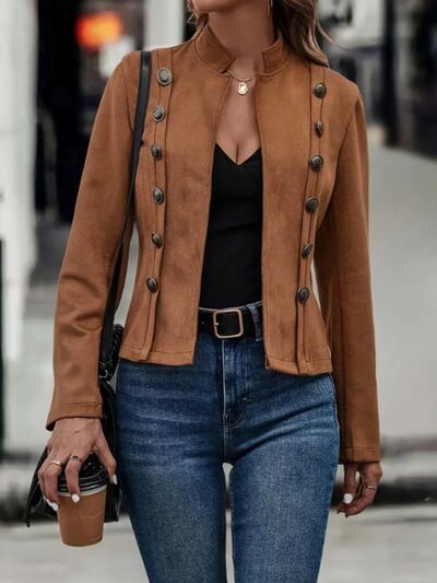 Decorative Button Open Front Long Sleeve Jacket – Elegant Casual Outerwear for Women