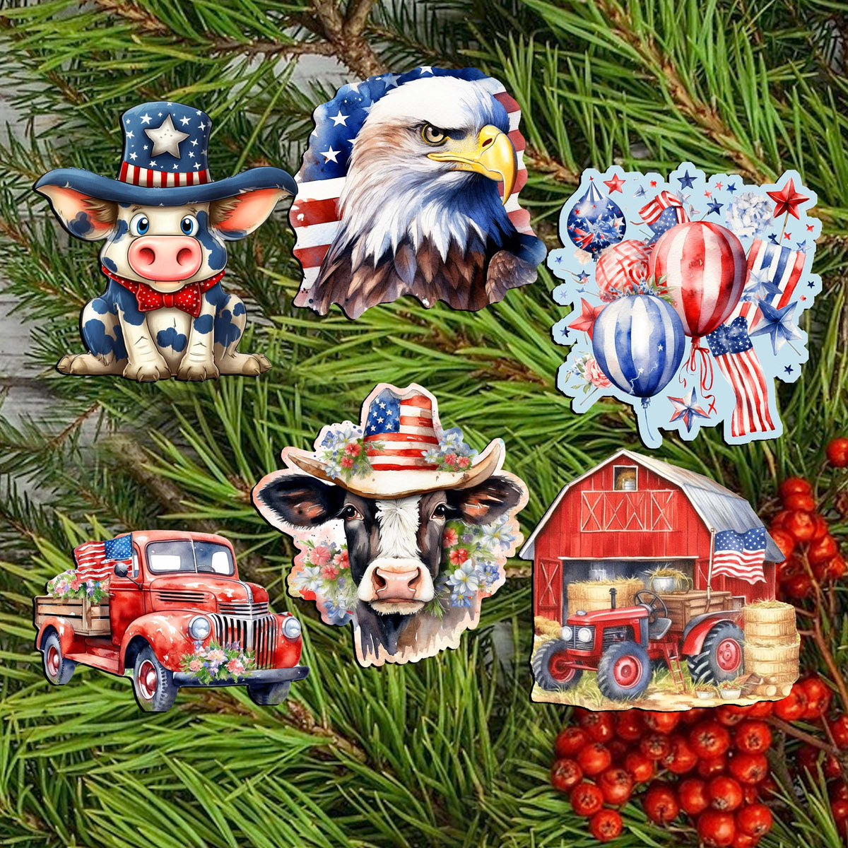 American flag Clip-On Eco Wood Decorative Ornaments Set of 6 by G. Debrekht - Patriotic Decor - 8090002C-S6