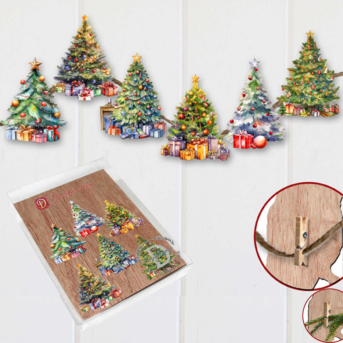 Christmas Tree Clip-On Eco Wood Decorative Ornaments Set of 6 by G. Debrekht - Christmas Decor - 8090044C-S6