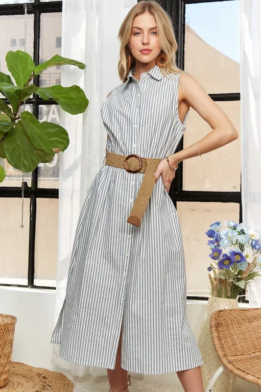 New Striped Button Down Sleeveless Midi Dress For Women – Classic, Elegant, Stylish, Chic, Timeless Striped Midi Dress For Any Occasion
