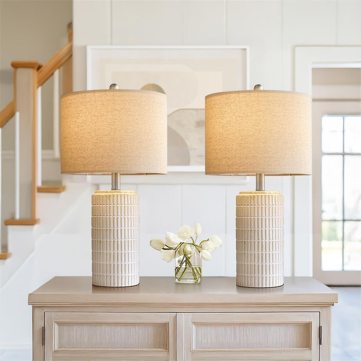 Pokat Set of 2 Modern 24" Ceramic Table Lamps for Bedroom and Living Room, White and Beige Nightstand Lighting Decor