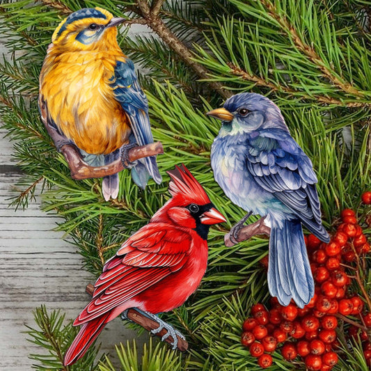 Forest Birds Decorative Eco Wood Ornaments Set of 3 by G. Debrekht - Nature Wildlife Decor - 8091005-S3