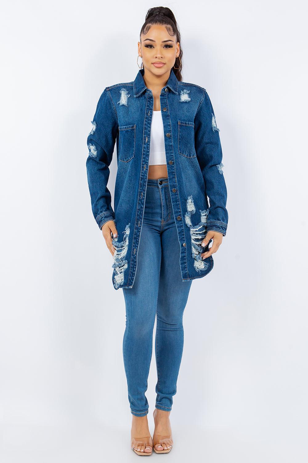 American Dark Blue Bazi Distressed Button Up Long Sleeve Jacket Trendy Buttoned Jacket with Distressed Finish for Women
