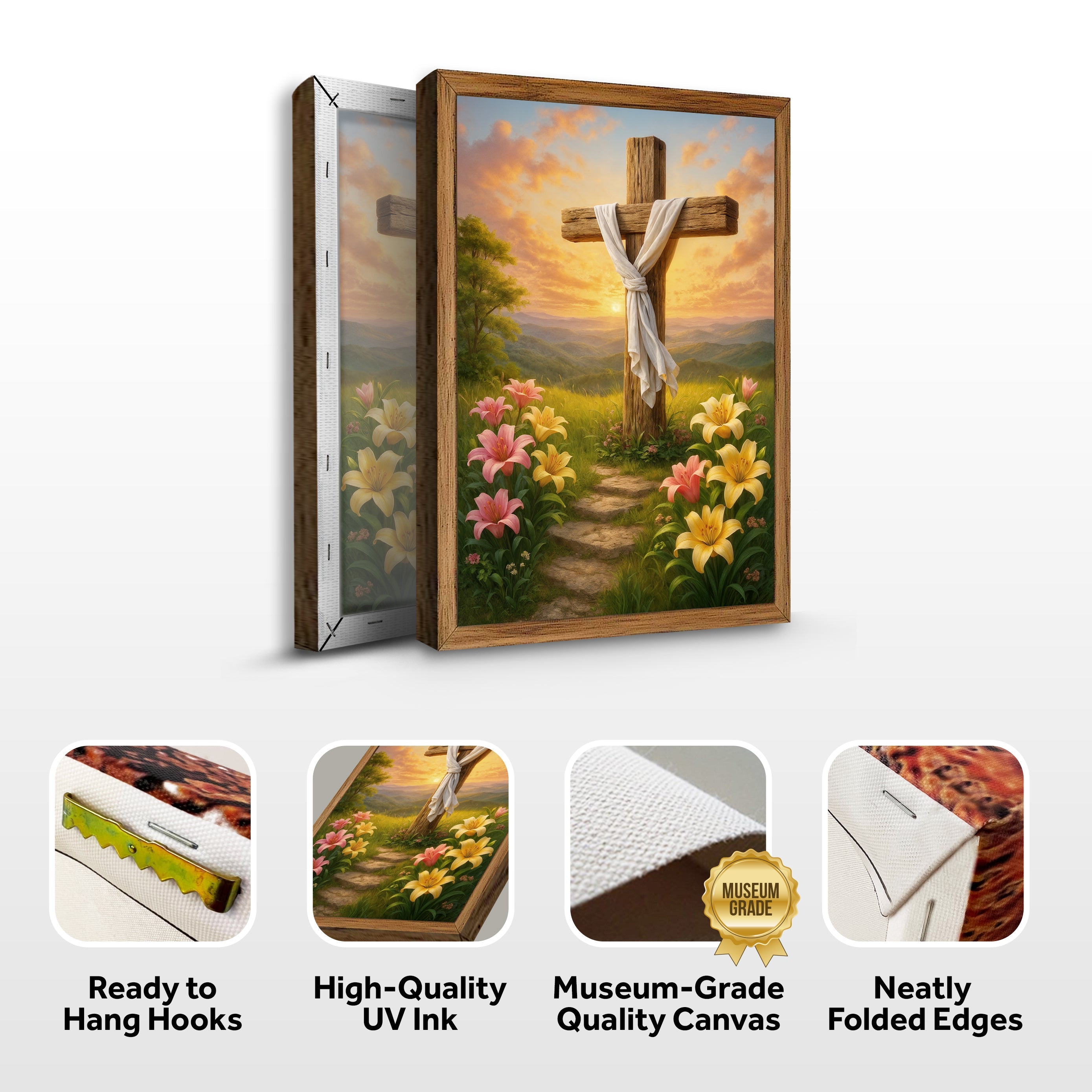 Canvas wall art featuring a cross and flowers with inspirational faith message, by Tailored Canvases.