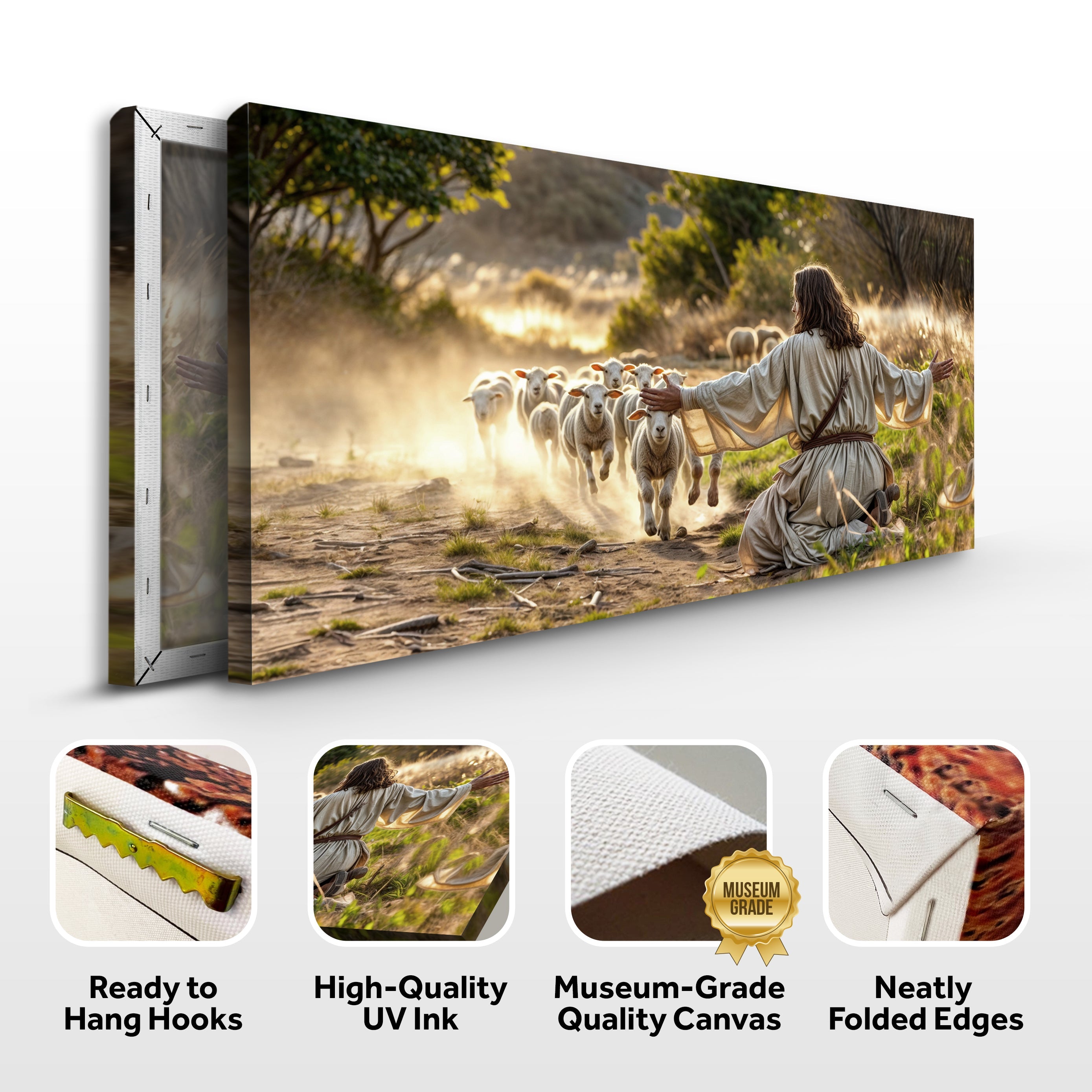 Canvas wall art titled Jesus Protects The Lamb From Wolves featuring a religious scene with Jesus and a lamb, by Tailored Canvases.