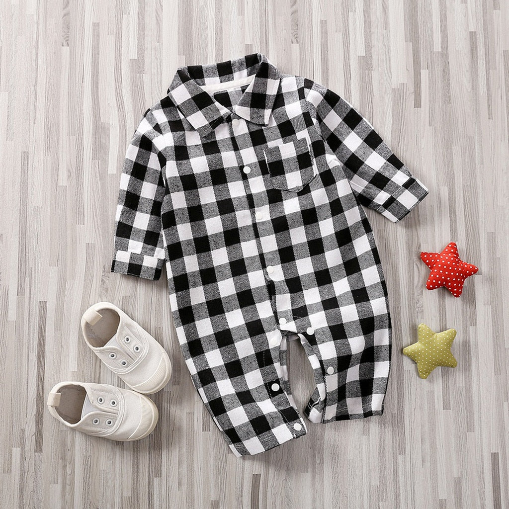 Spring Autumn Newborn Cotton  Casual classic Plaid Collar Jumpsuit for Baby Boys / Girls In Elegant Retro Modern Style