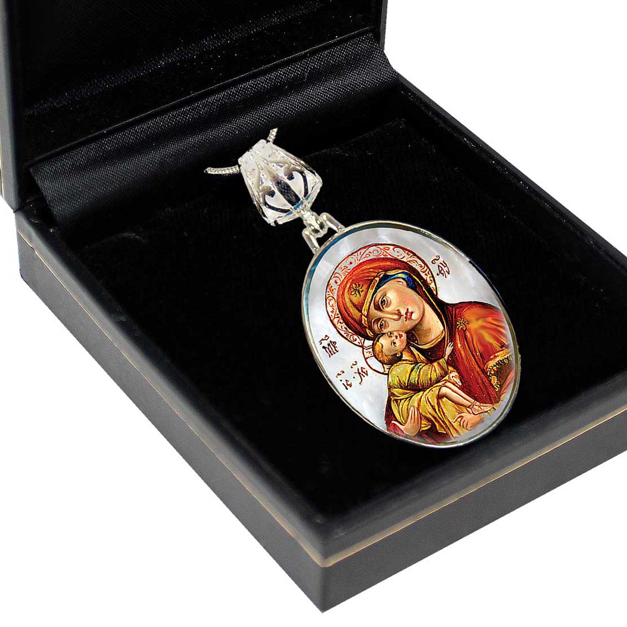 Holy Virgin Mary Vladimir Silver Plated Mother of Pearl Necklace Jewelry - 43011