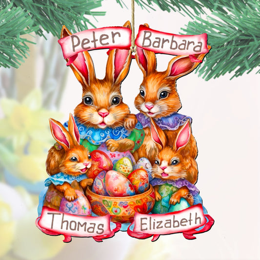 Personalized Family Easter Ornaments, Easter Basket Tag - 4 Family Member Names Bunny with Eggs Wooden Ornaments by G. Debrekht Easter Spring Decor - 8652787P