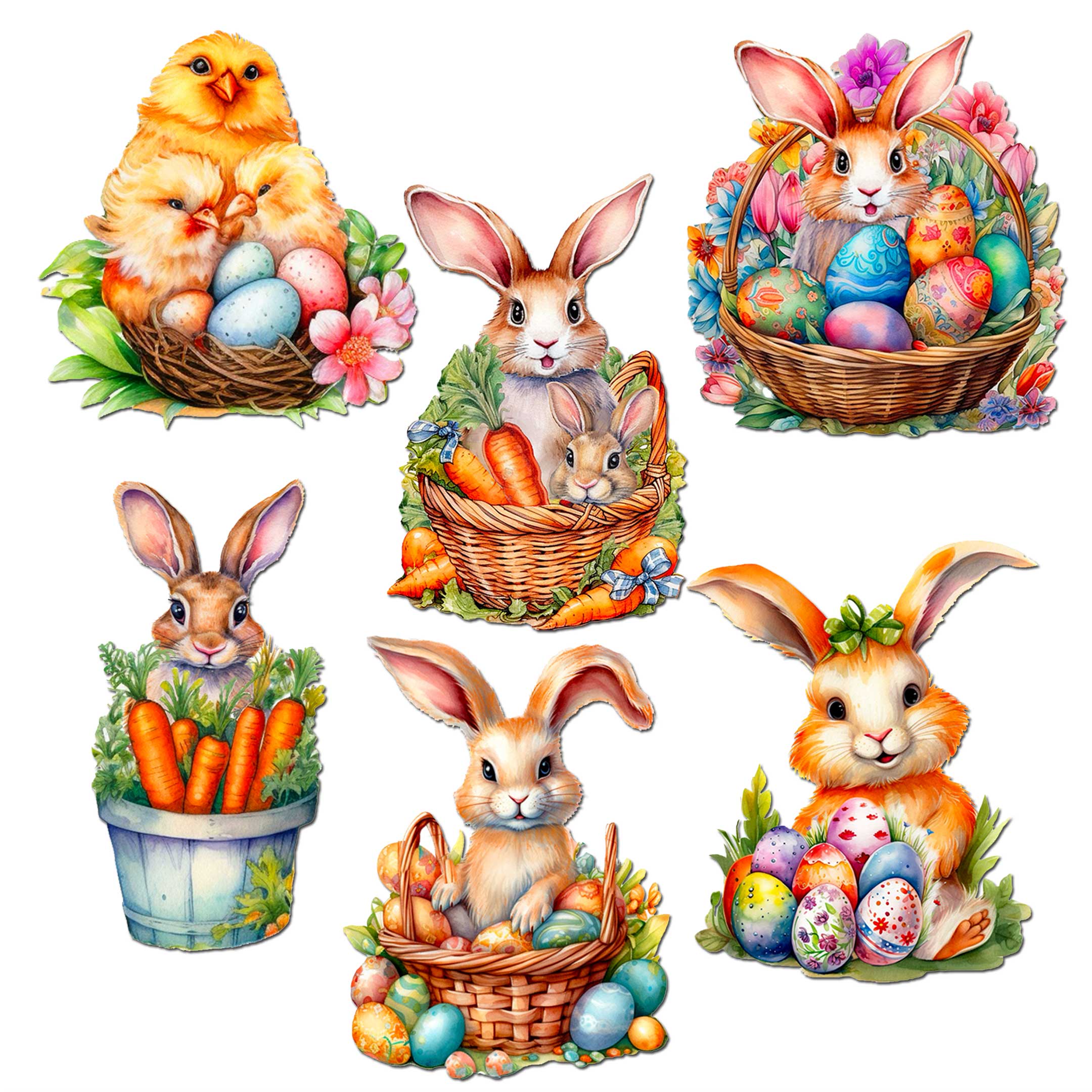 Eggs and Bunnies Clip-On Eco Wood Decorative Ornaments Set of 6 by G. Debrekht - Easter Decor - 8090057C-S6