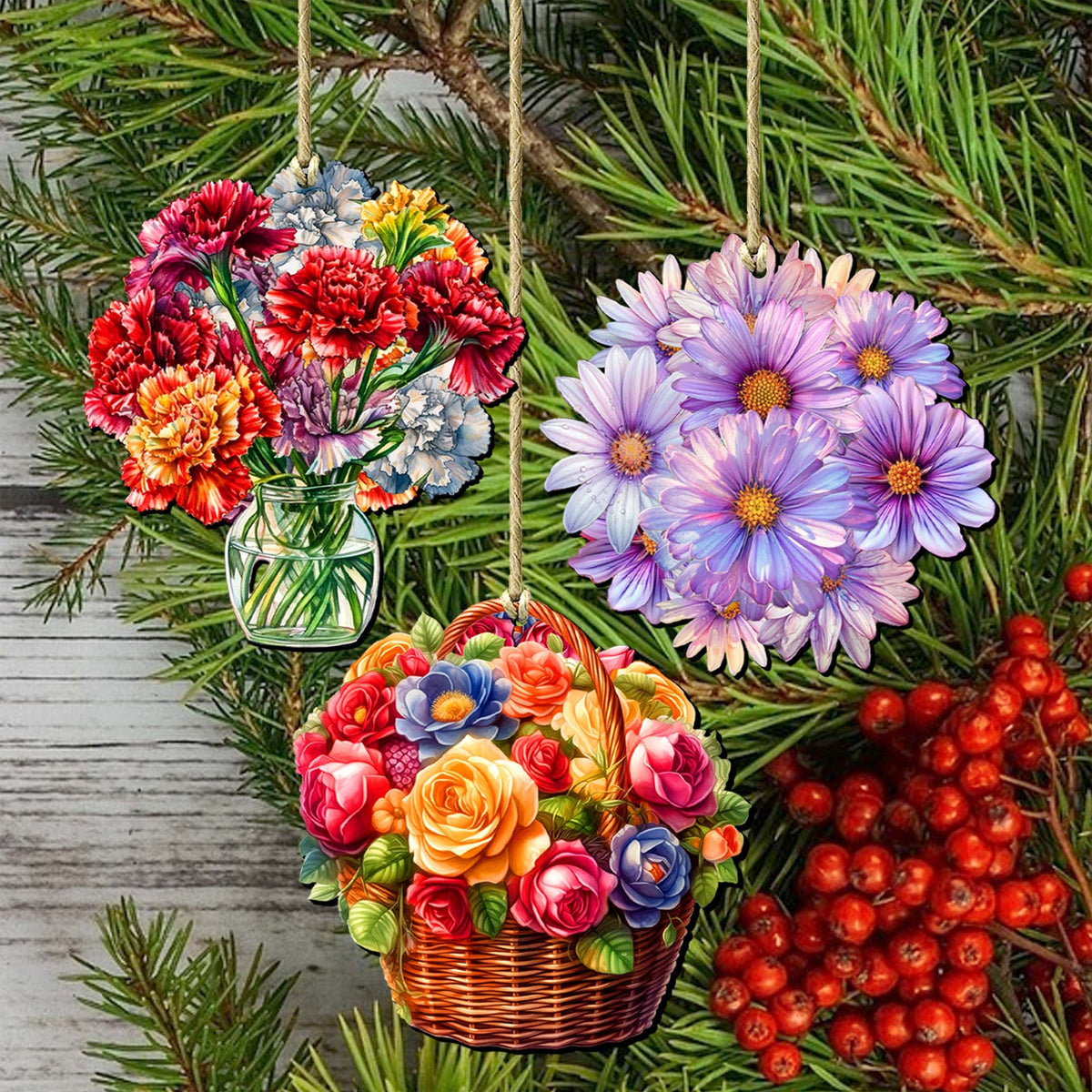 Flowers Decorative Eco Wood Ornaments Set of 3 by G. Debrekht - Love Family Décor - 8091076-1-S3