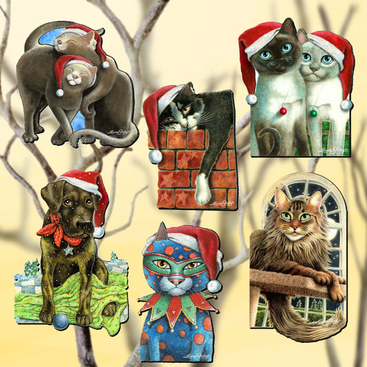 Dog and Cats Clip-On Eco Wood Decorative Ornaments Set of 6 by L. Seeley  - Pets Dog and Cat Décor - 8090139C-S6