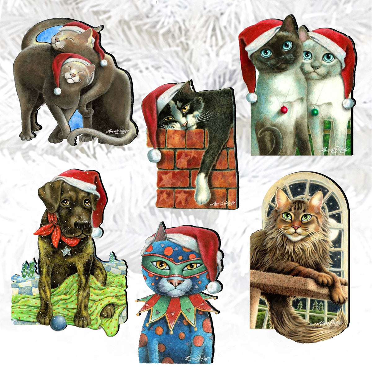 Dog and Cats Clip-On Eco Wood Decorative Ornaments Set of 6 by L. Seeley  - Pets Dog and Cat Décor - 8090139C-S6