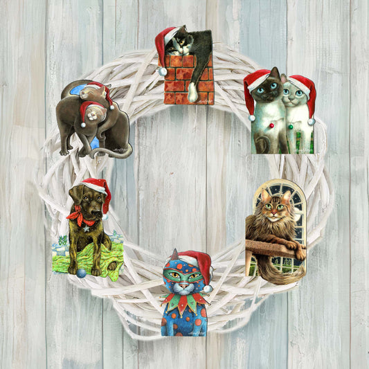 Dog and Cats Clip-On Eco Wood Decorative Ornaments Set of 6 by L. Seeley  - Pets Dog and Cat Décor - 8090139C-S6