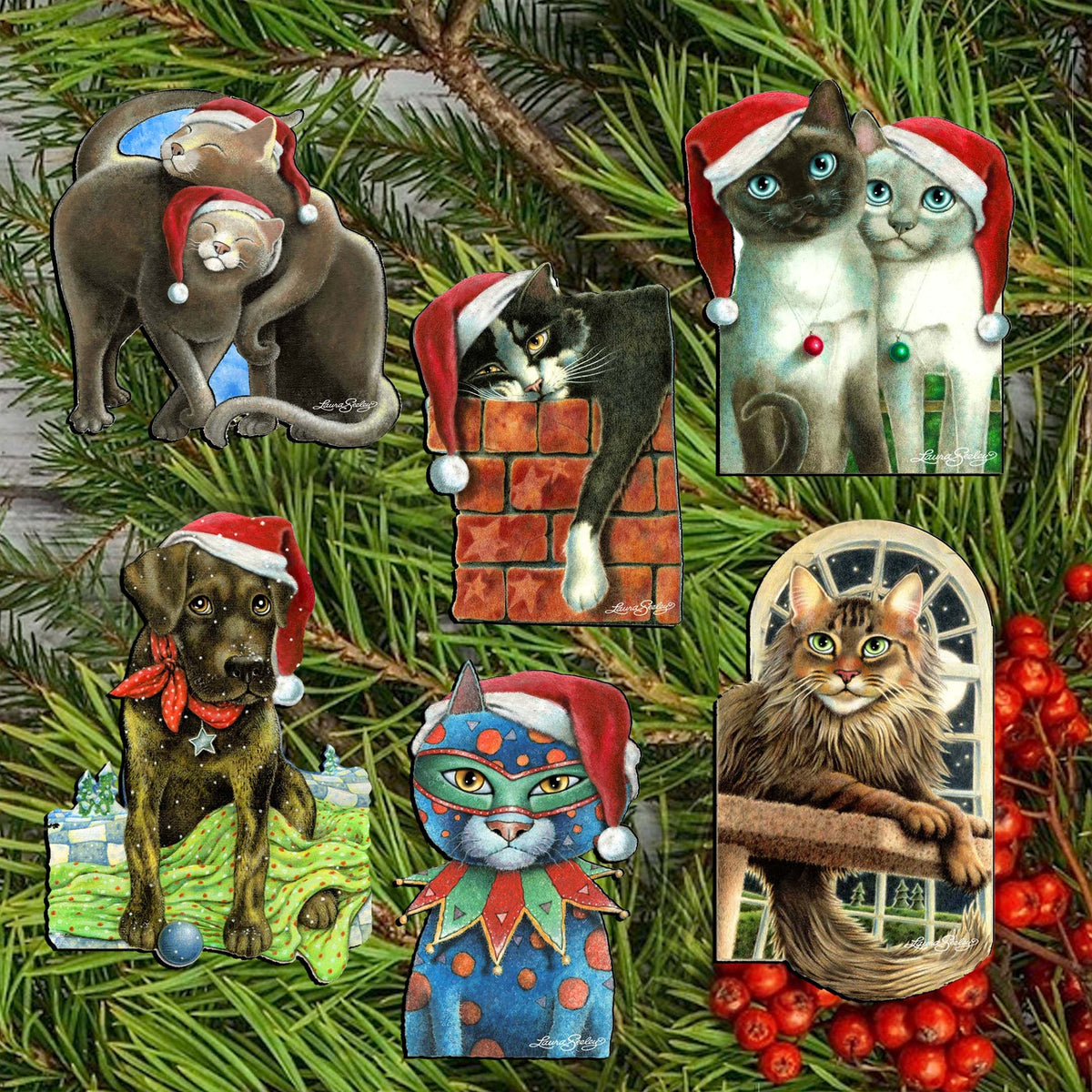 Dog and Cats Clip-On Eco Wood Decorative Ornaments Set of 6 by L. Seeley  - Pets Dog and Cat Décor - 8090139C-S6