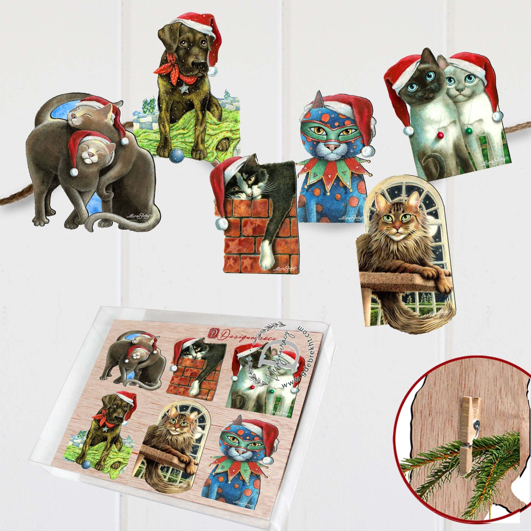 Dog and Cats Clip-On Eco Wood Decorative Ornaments Set of 6 by L. Seeley  - Pets Dog and Cat Décor - 8090139C-S6