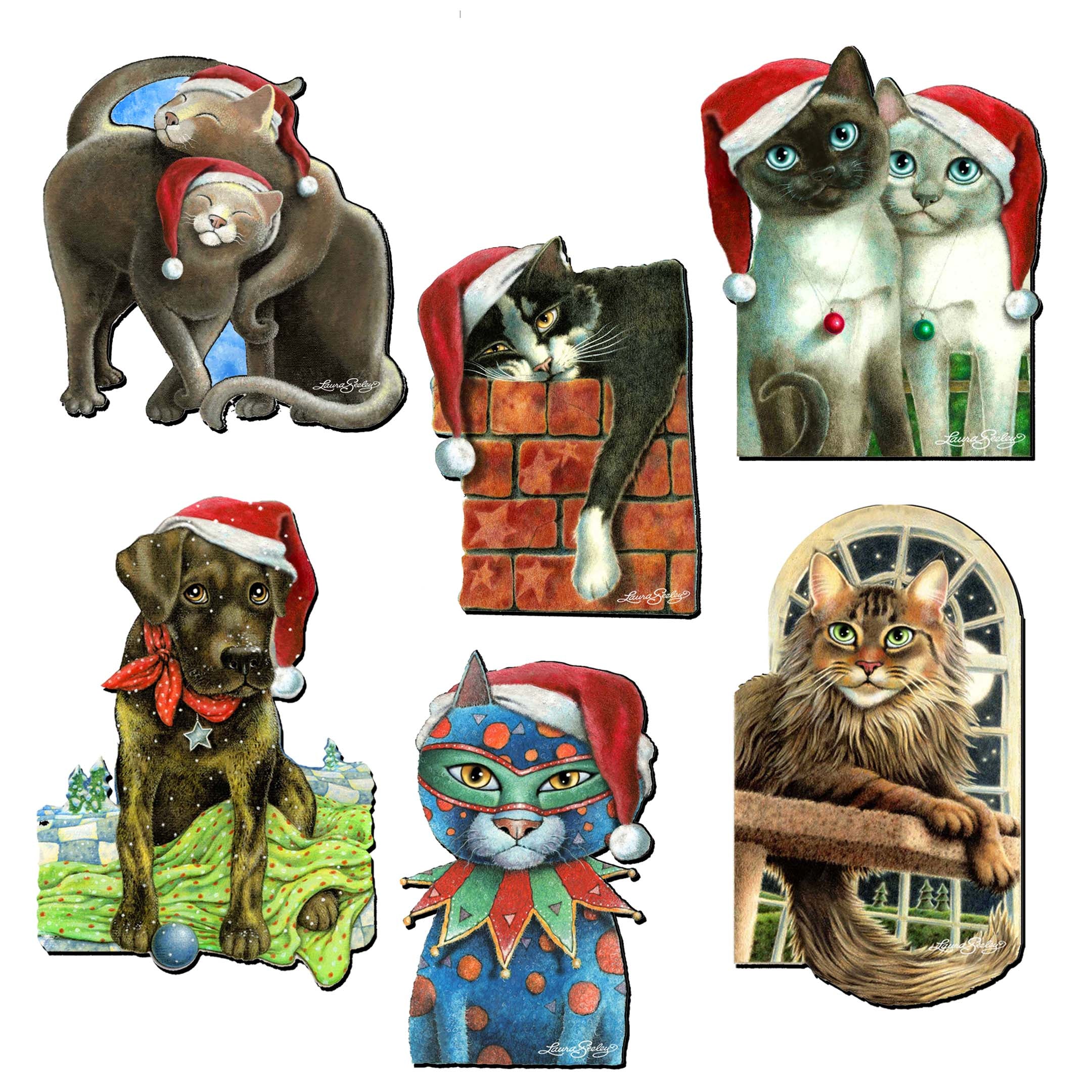Dog and Cats Clip-On Eco Wood Decorative Ornaments Set of 6 by L. Seeley  - Pets Dog and Cat Décor - 8090139C-S6