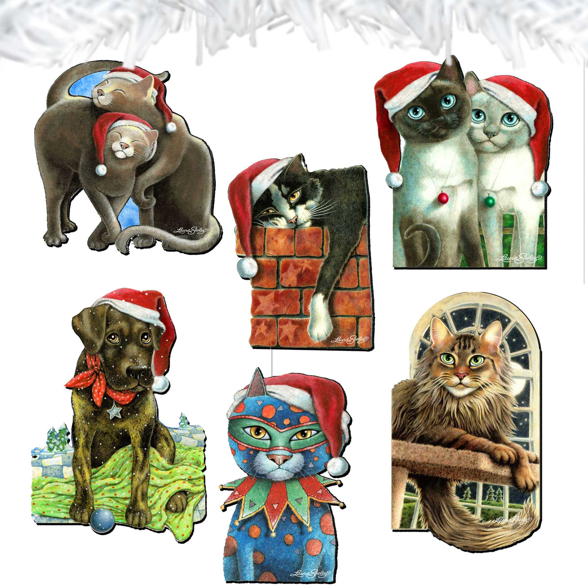 Dog and Cats Clip-On Eco Wood Decorative Ornaments Set of 6 by L. Seeley  - Pets Dog and Cat Décor - 8090139C-S6