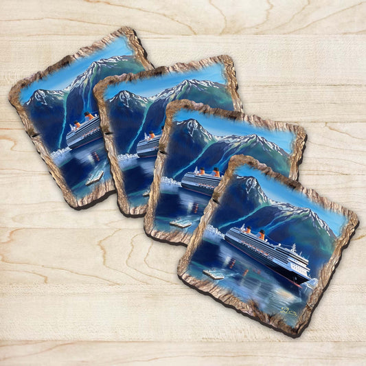 Cruise Ship Wooden Cork Coasters Gift Set of 4 by Nature Wonders Coastal Nature Wildlife Decor  - 95392C-S4