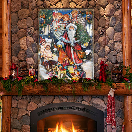 Vintage Gift Giver Santa Wooden Wall Art by G. DeBrekht - Christmas Santa Snowman Decor - 81291830B