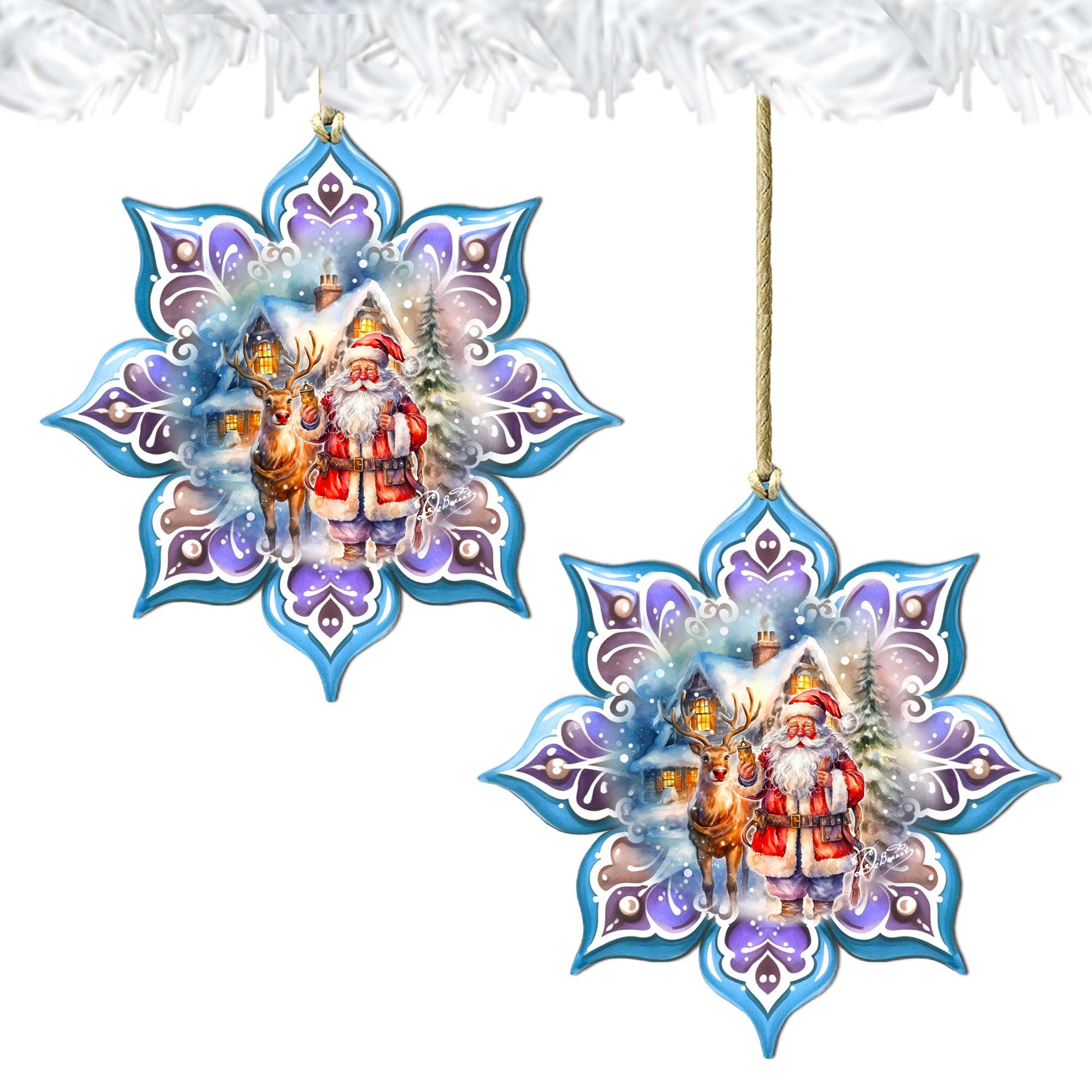 Santa with Reindeer Snowflake Wooden Ornaments by G. Debrekht - Christmas Santa Snowman Decor - 8688405