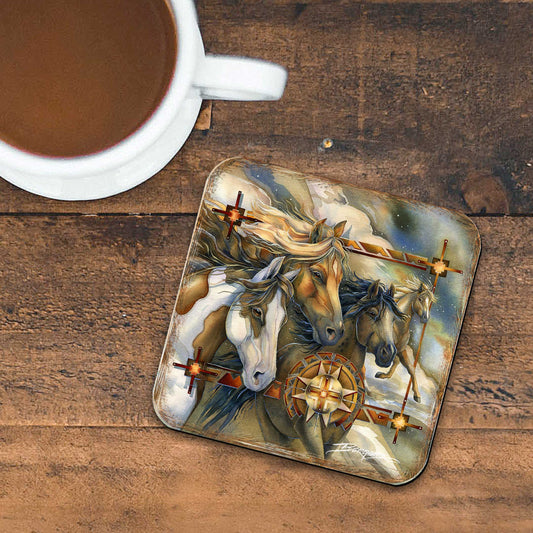 Wild Horses Wooden Cork Coasters Gift Set of 4 by J. Bergsma - Wildlife Décor  - 8199474C-S4