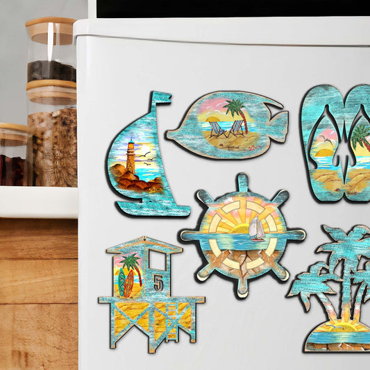 Nautical Decorative Eco Wood Magnets Set of 6 by G. Debrekht - Coastal Decor - 8090061G-S6