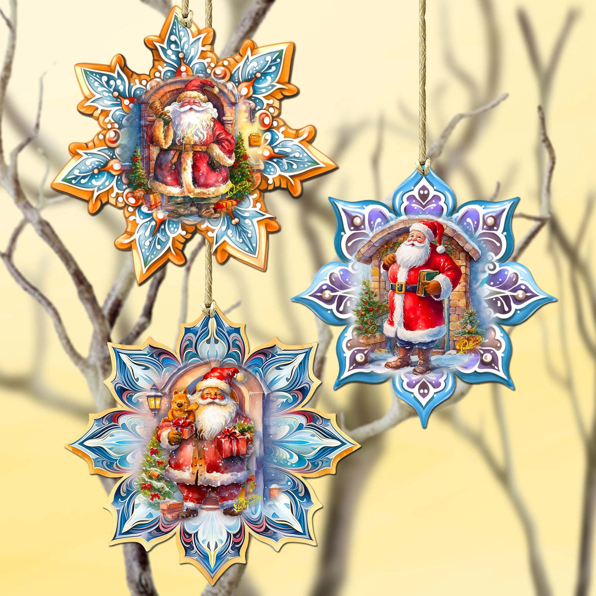 Santa's Greetings Snowflake Eco Wood Ornaments Set of 3 by G. Debrekht - Christmas Decor - 8090147-S3