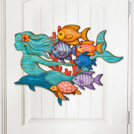 Tropical Mermaid Coastal Door Hanger - Handcrafted Underwater Friends Coastal Wall Art by G. DeBrekht - Coastal Holiday Decor - 81985144H