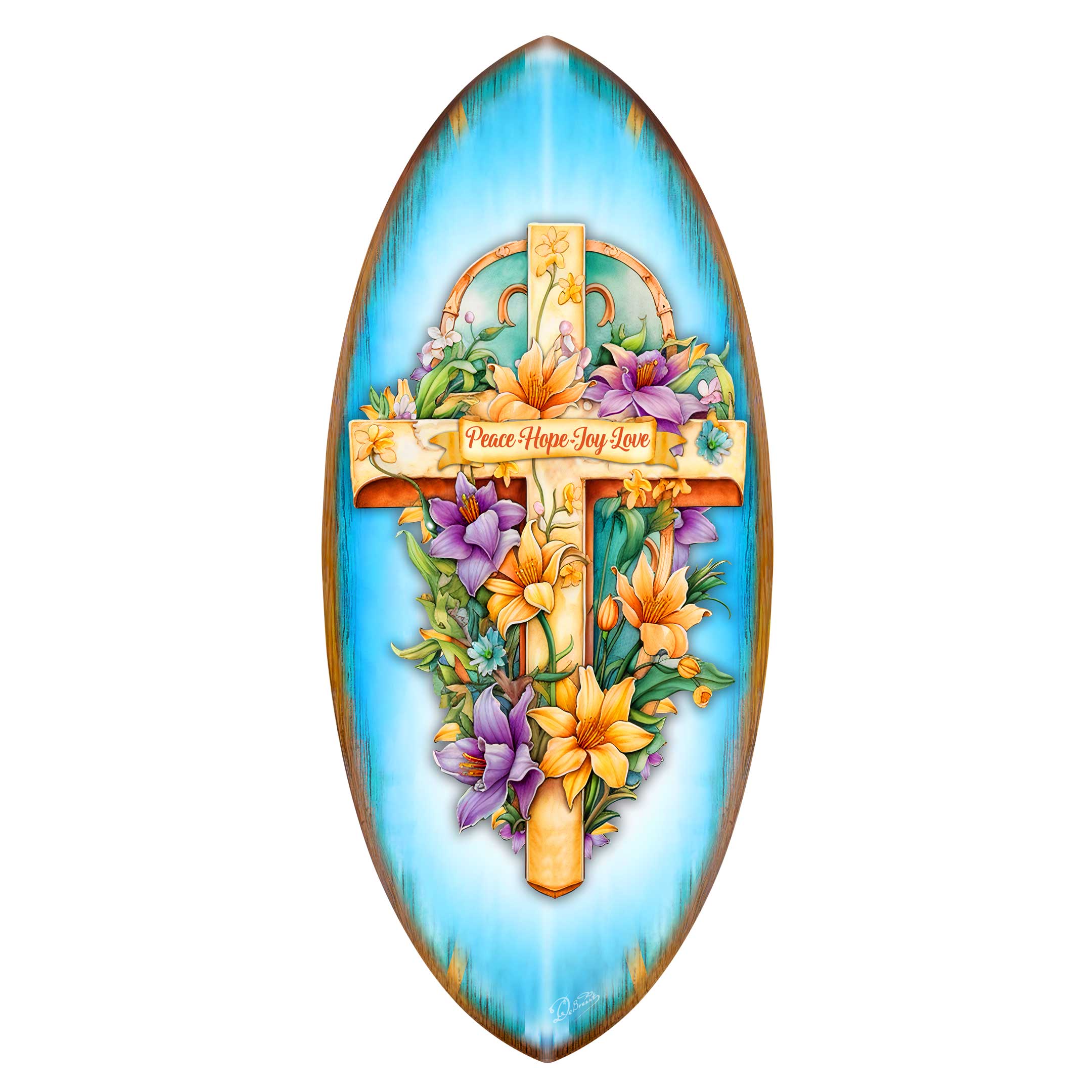 Christian Coastal Wall Decor - Peace Hope Joy Love Cross Surfboard Wall Art – Handcrafted Religious Decor by G.DeBrekht  – 8490156HS
