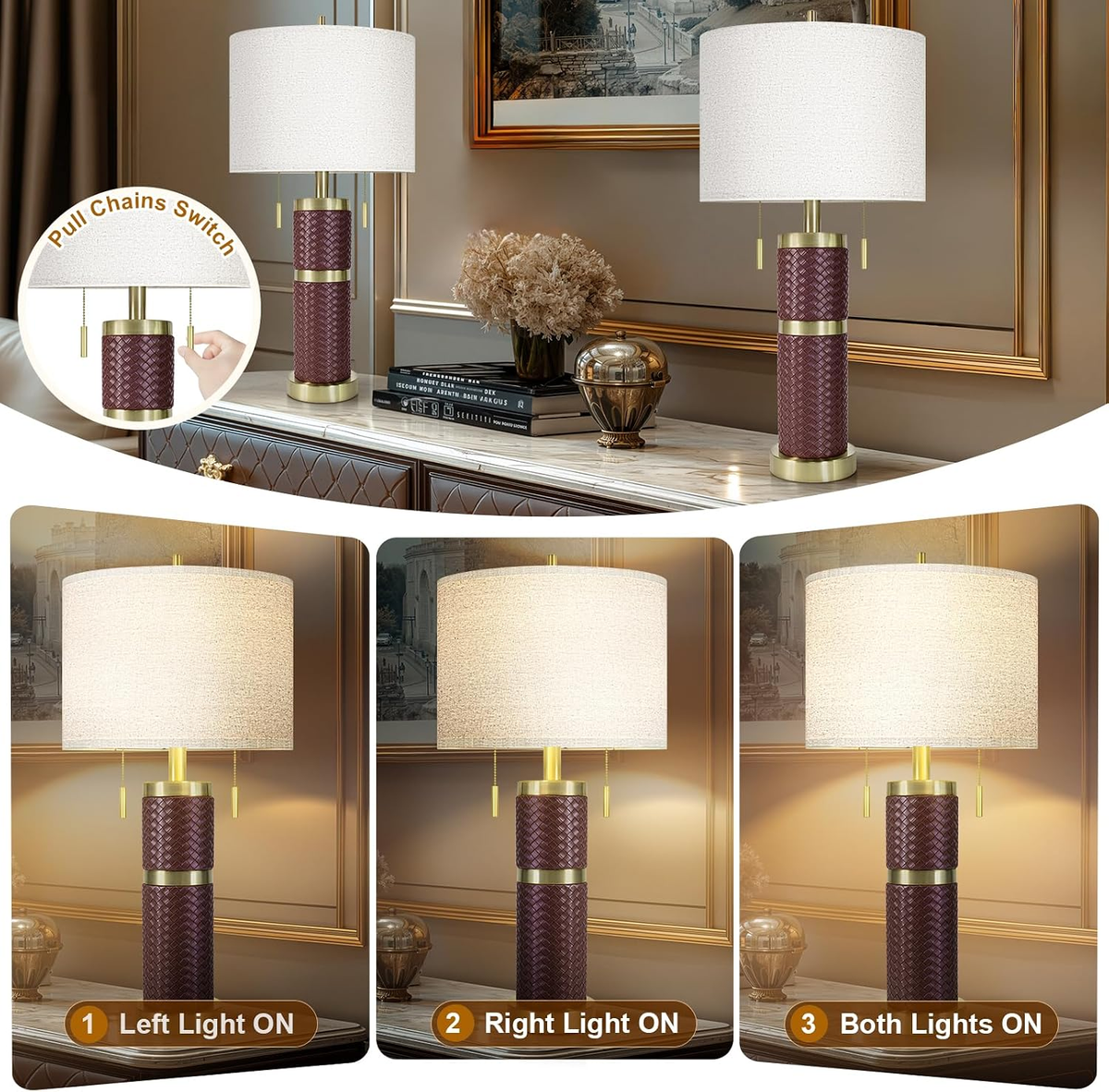KIVDITZO Set of 2 25-Inch Woven Leather Table Lamps for Nightstands