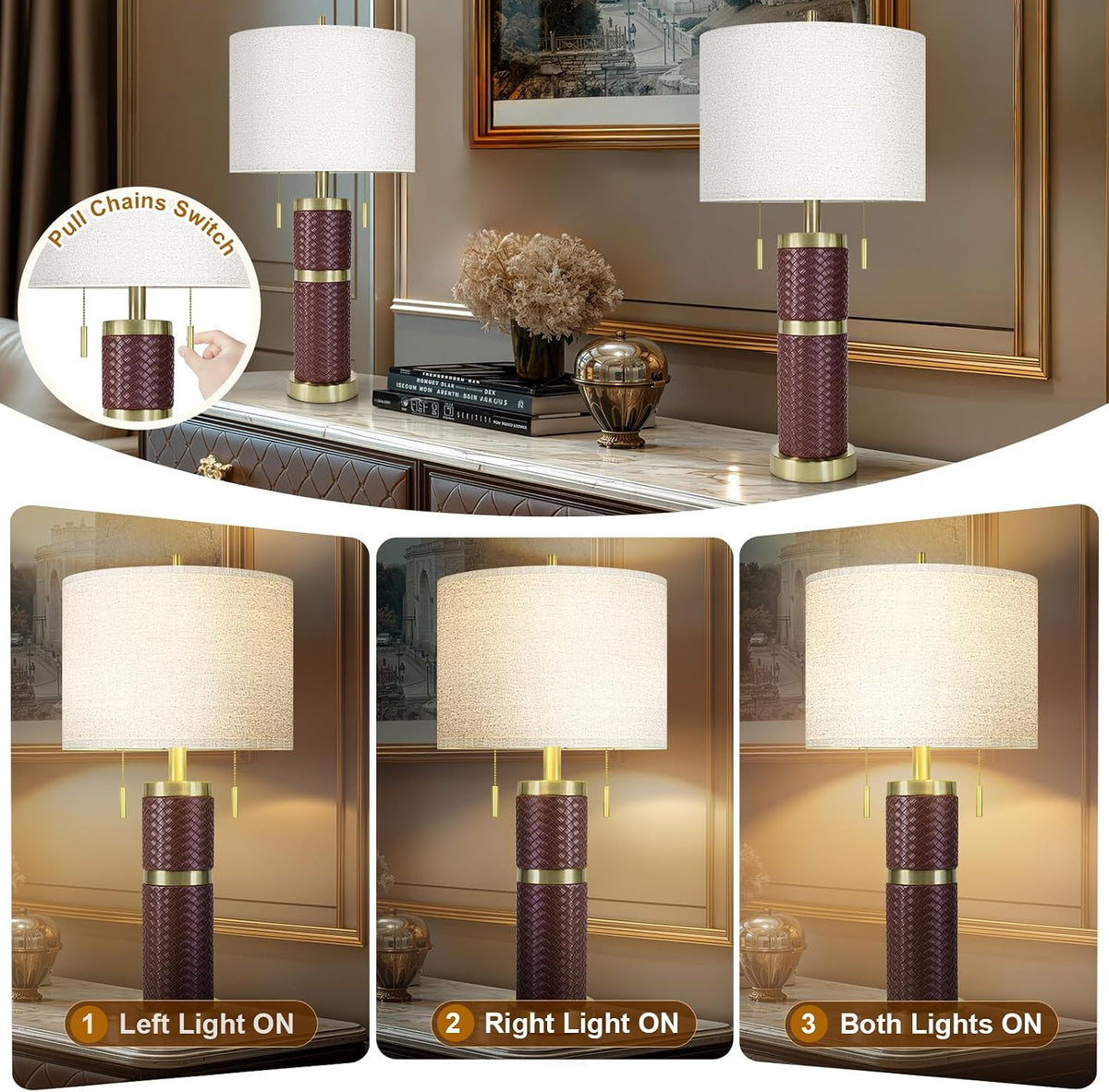 KIVDITZO Set of 2 25-Inch Woven Leather Table Lamps for Nightstands