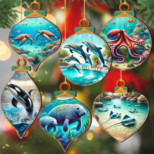 Ocean & Marine Life Eco Wood Christmas Ornaments Set of 12 – Handcrafted Coastal Décor by G.DeBrekht - 8610105-S12