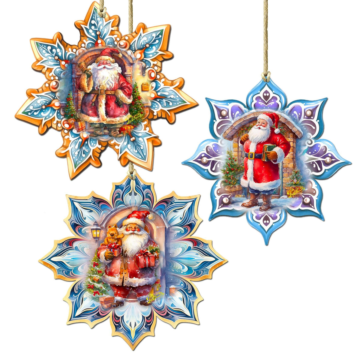 Santa's Greetings Snowflake Eco Wood Ornaments Set of 3 by G. Debrekht - Christmas Decor - 8090147-S3