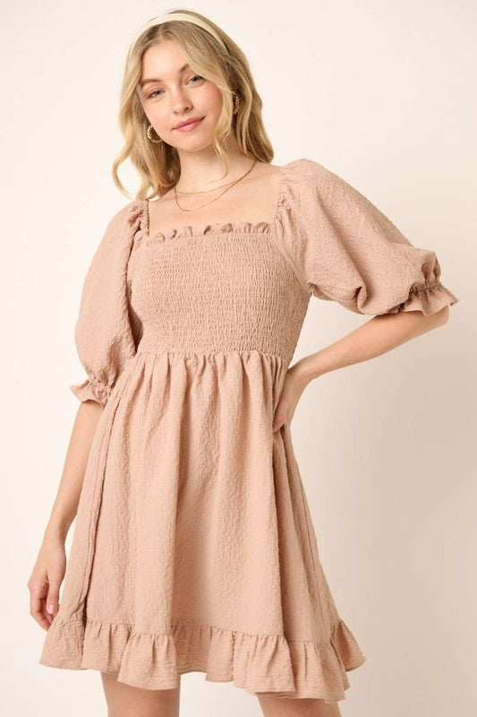 Smocked Ruffled Hem Half Sleeve Mini Dress, Cute, Elegant, Charming and Comfortable Mini Dress with Smocked Bodice and Whimsical Ruffled Hem