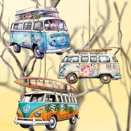 Surf Vans Decorative Eco Wood Ornaments Set of 3 by G. Debrekht - Coastal Decor - 8091040-S3
