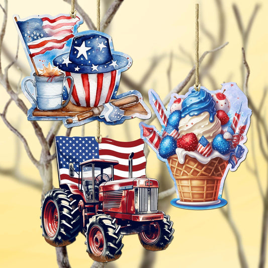American Farmhouse Decorative Eco Wood Ornaments Set of 3 by G. Debrekht - Patriotic Decor - 8091001-S3