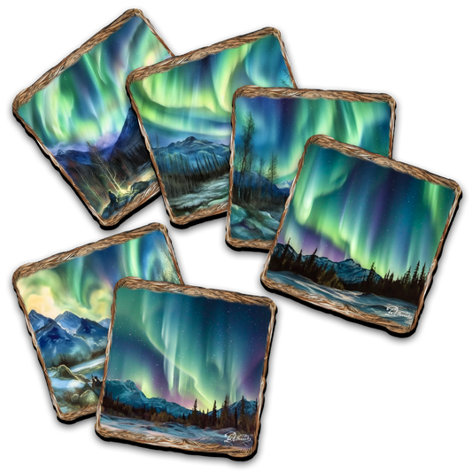 Northern Lights Wooden Cork Placemat and Coasters Gift Set of 7 by Nature Wonders Nature Wildlife Decor  - 85401C-S7