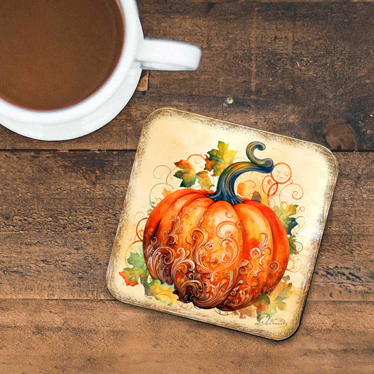 Pumpkin Wooden Cork Coasters Gift Set of 4 by G. Debrekht - Thanksgiving Decor  - 8199447C-S4