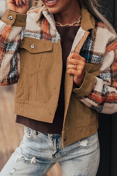 Plaid Corduroy Flap Pockets Button Up Jacket Trendy Outerwear With Classic Flap Pockets For Casual Comfort