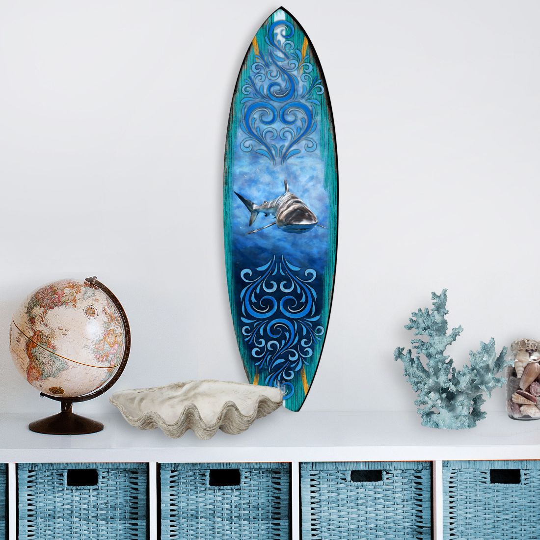 Shark Surfboard Coastal Door Art by G. DeBrekht - Coastal Sea-Life Decor - 8490104HS