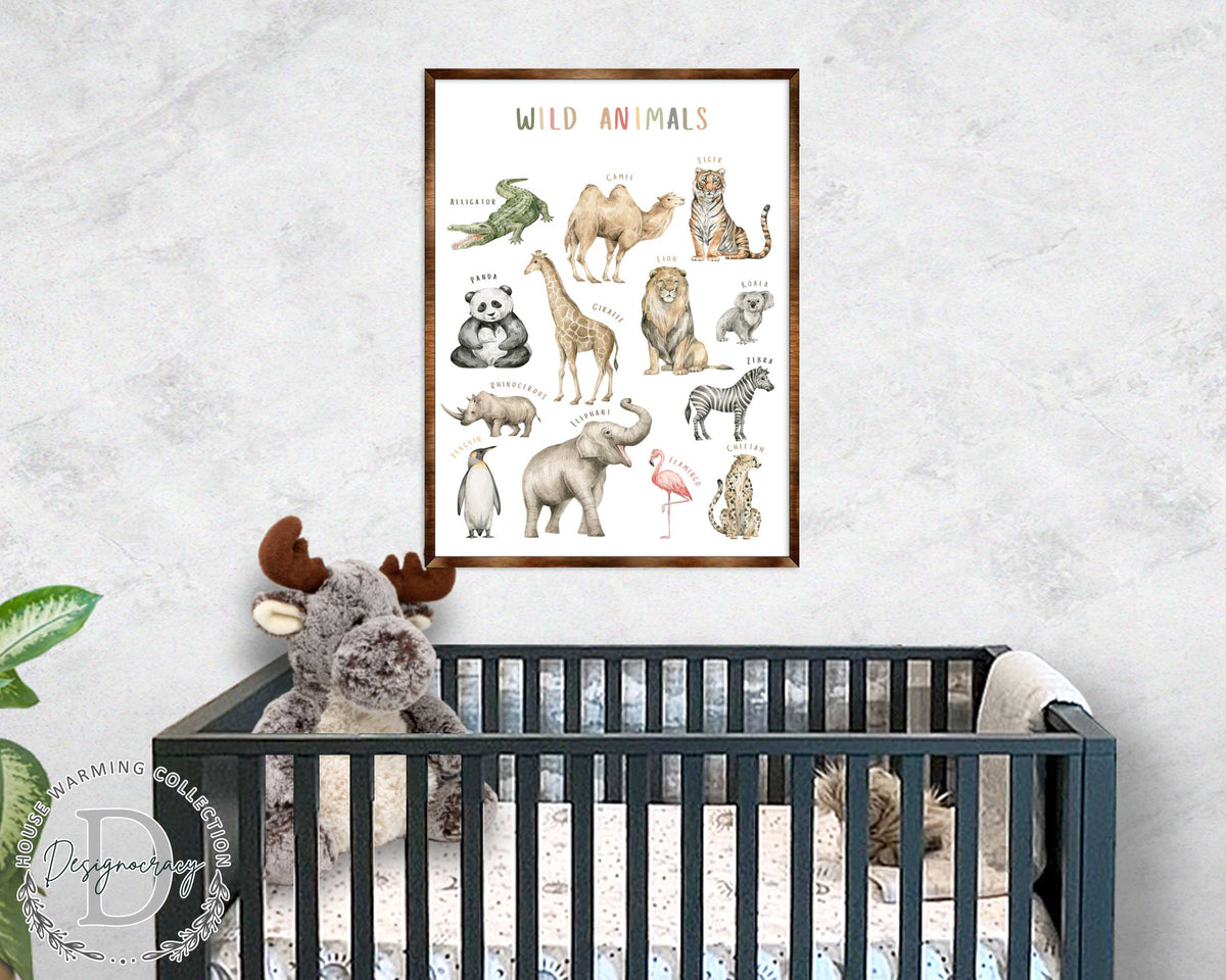 Wild Animals Kids Room Decor - Montessori Wooden Poster - Homeschool I Educational Poster - Classroom Decor - Playroom Art - 310219