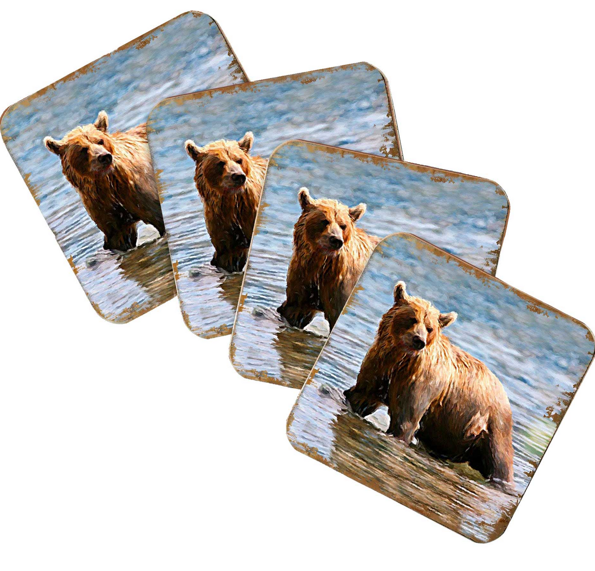 Bear Wooden Cork Coasters Gift Set of 4 by Nature Wonders - Nature Wildlife Decor  - 95297C-S4