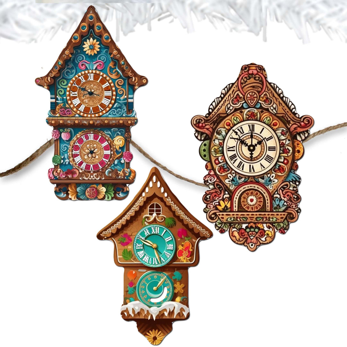 Miniature clock Clip-On Eco Wood Decorative Ornaments Set of 3 by G. Debrekht - Christmas Decor - 8091020C-S3