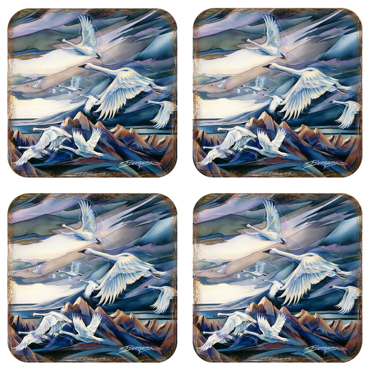Flying Swans Wooden Cork Coasters Gift Set of 4 by J. Bergsma - Coastal Decor  - 8199457C-S4