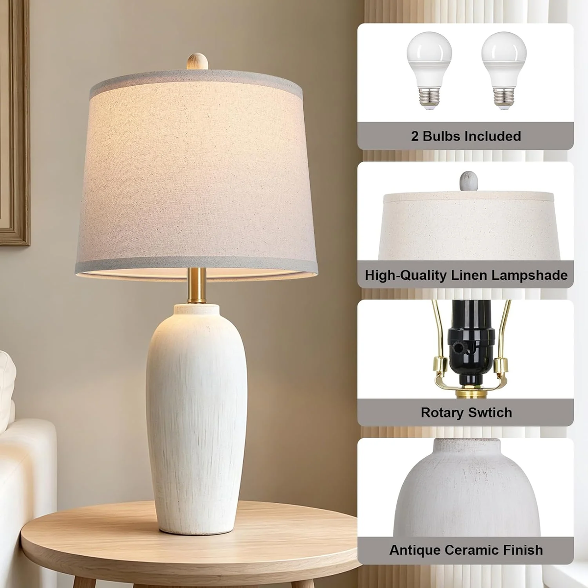 26 Inch Farmhouse Ceramic Jar Table Lamps Set of 2, Bedside Lamps